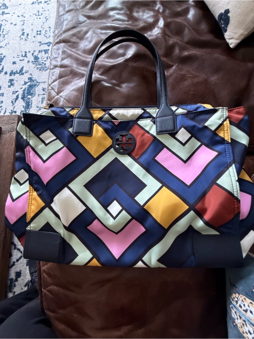 Tory Burch Navy Multicolor Geometric Nylon Tote